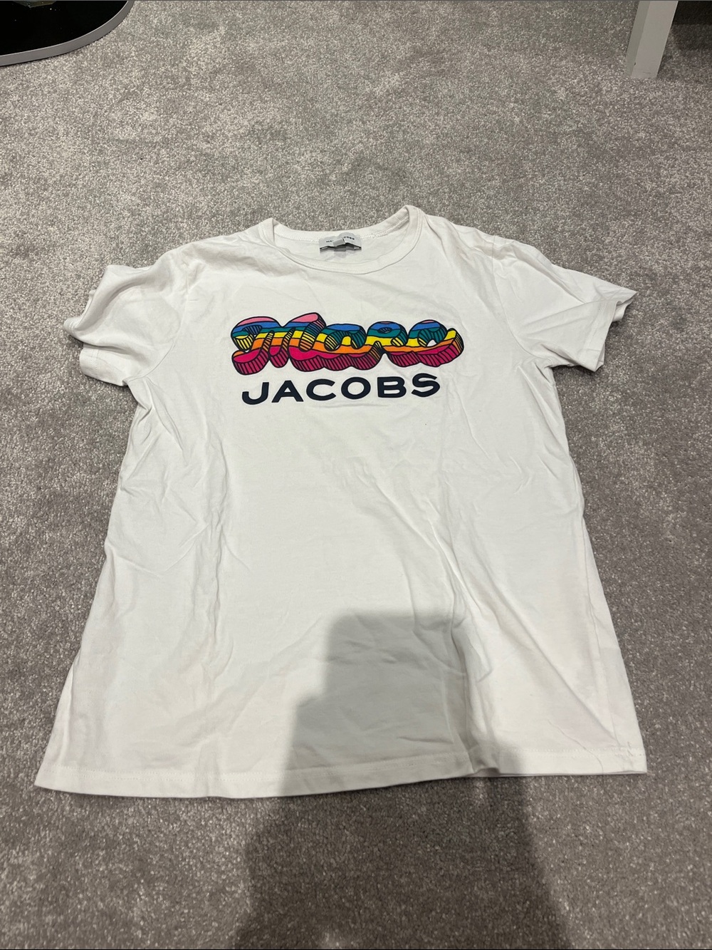 Marc Jacobs White Tee with Multicolor Striped Logo